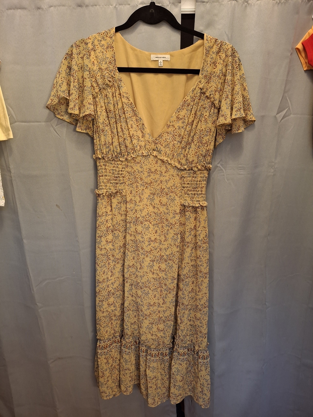 Max Studio Yellow Floral Midi Dress with Ruffle Sleeves